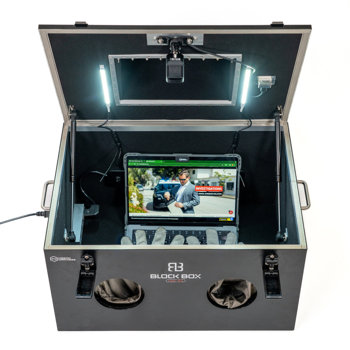 Mission Darkness BlockBox Lab XL met webcam en tablet